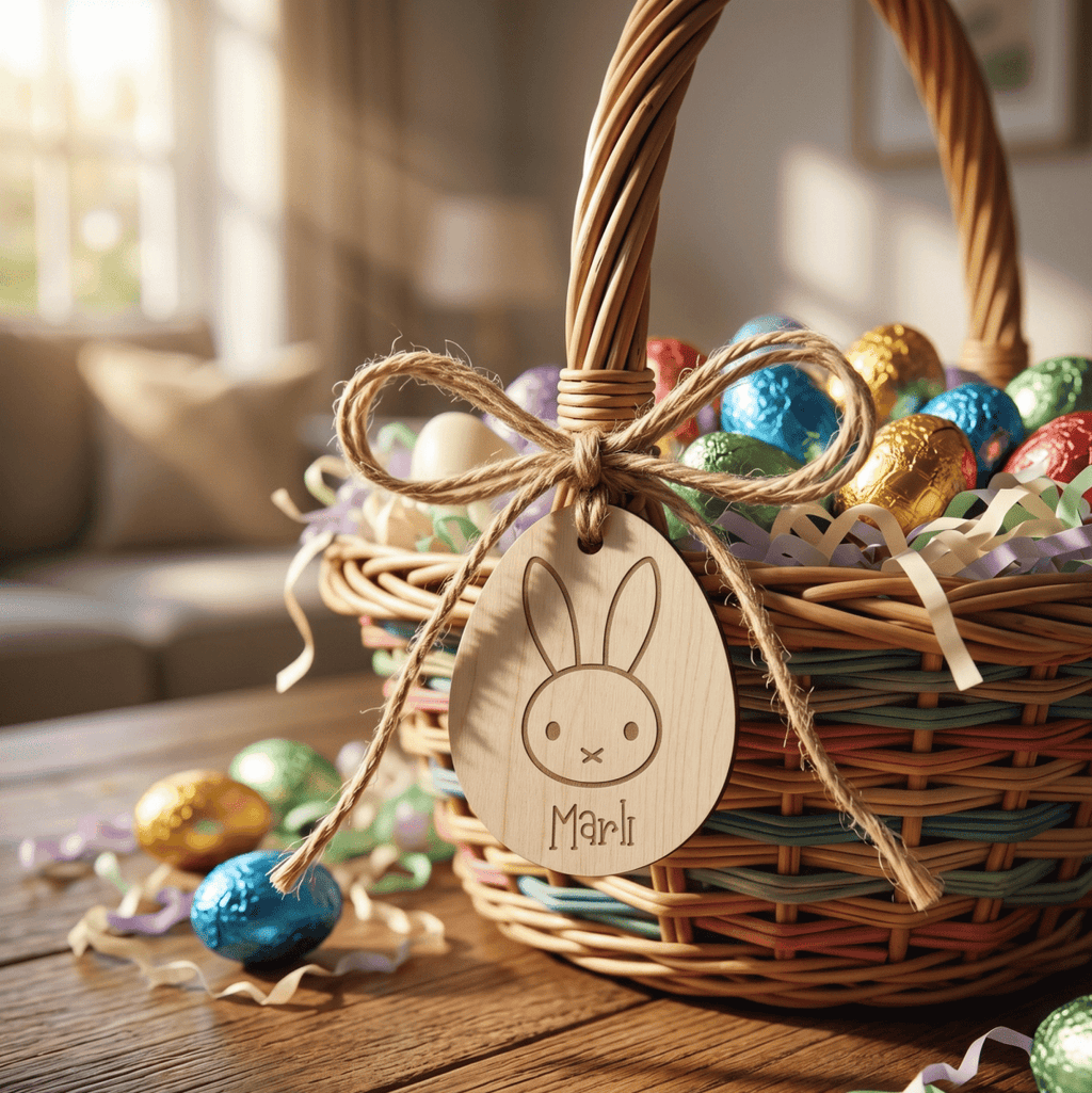 Personalised Egg-Shaped Easter Tag – Custom Wood or Acrylic Bunny Label - Make It Personal Gift Co