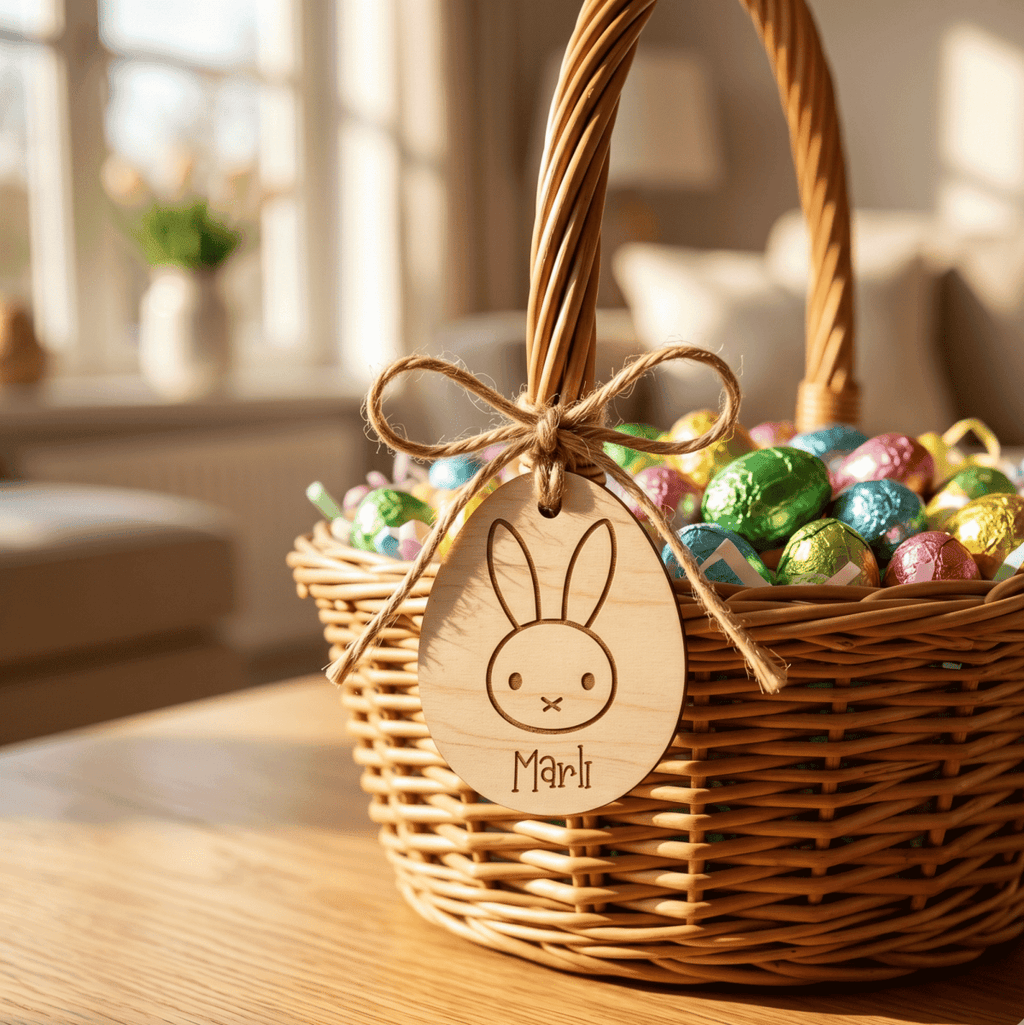 Personalised Egg-Shaped Easter Tag – Custom Wood or Acrylic Bunny Label - Make It Personal Gift Co