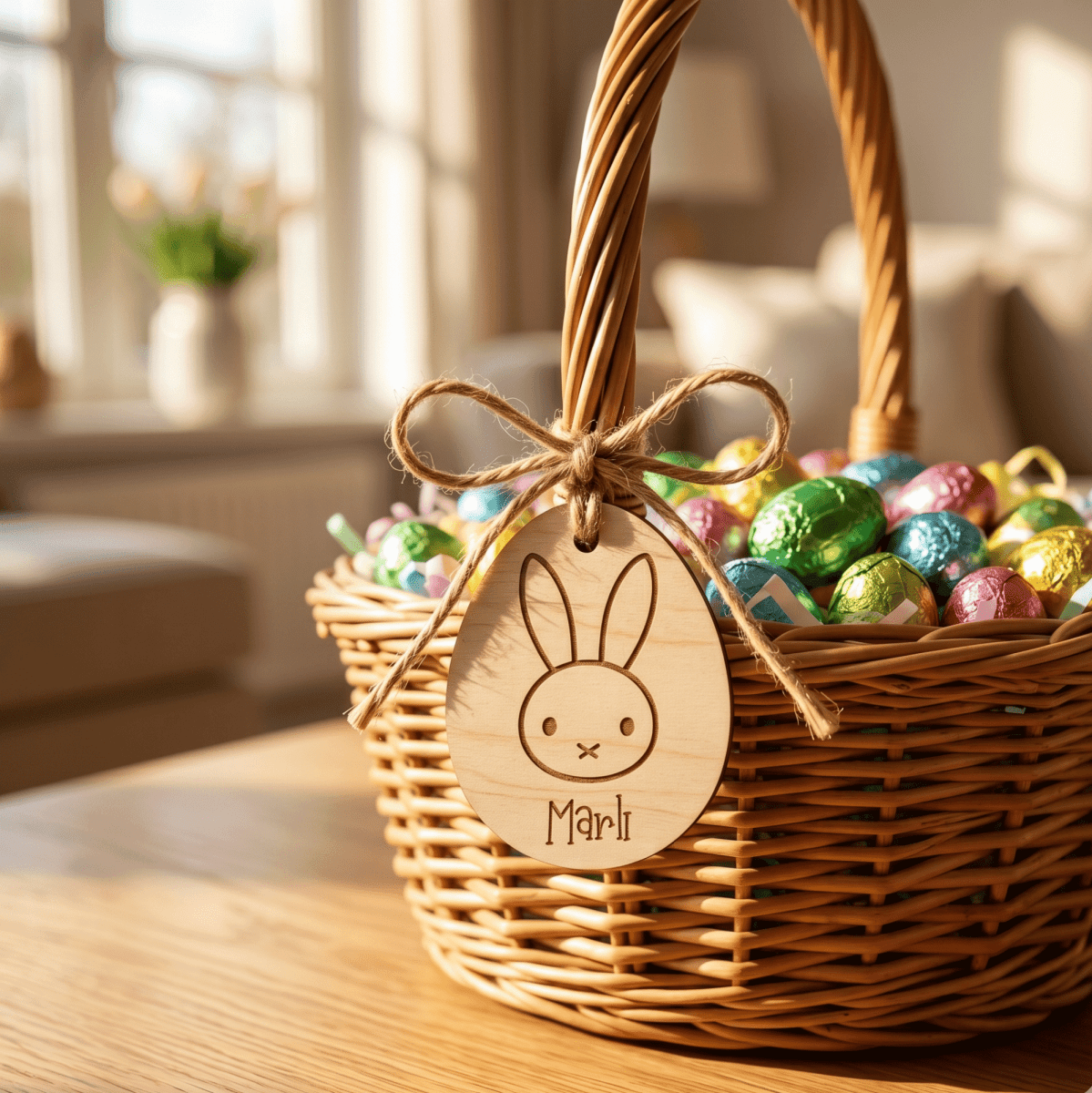 Personalised Egg-Shaped Easter Tag – Custom Wood or Acrylic Bunny Label - Make It Personal Gift Co