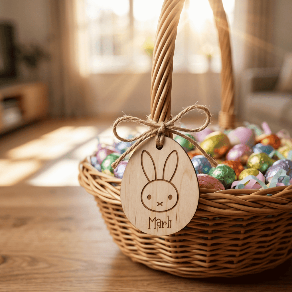 Personalised Egg-Shaped Easter Tag – Custom Wood or Acrylic Bunny Label - Make It Personal Gift Co