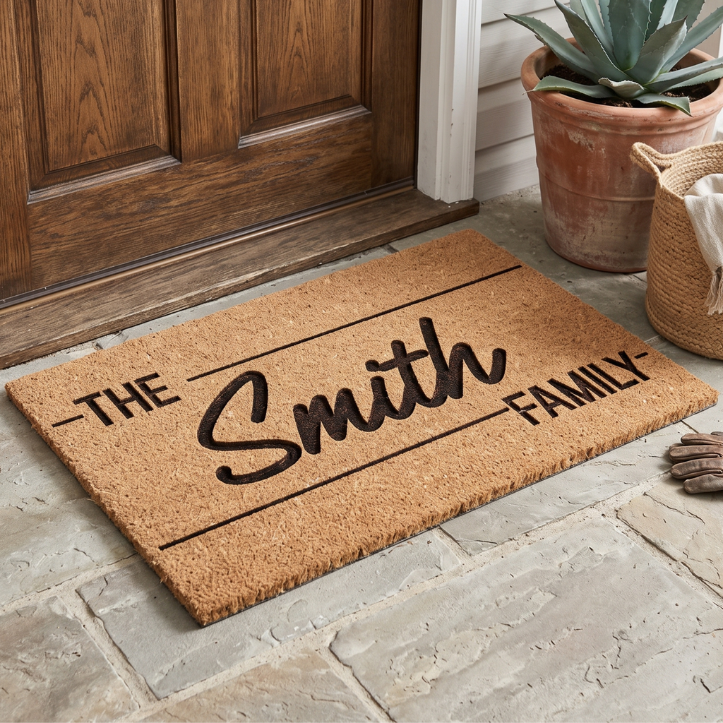 Personalised front porch coir doormat with custom surname between two crisp horizontal accent lines.
