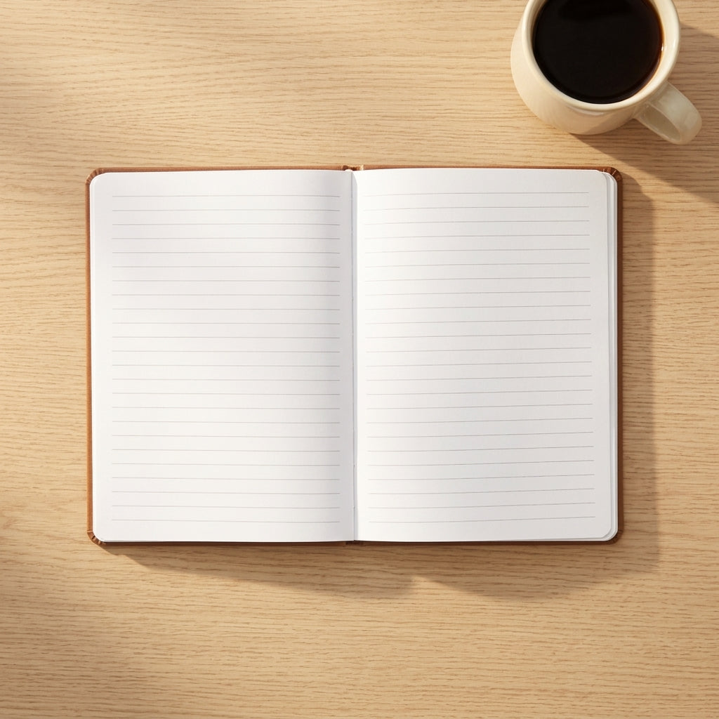 Personalised hardcover lined notebook in blue with custom metallic hot foil monogram lettering, displayed on a wooden desk with coffee.