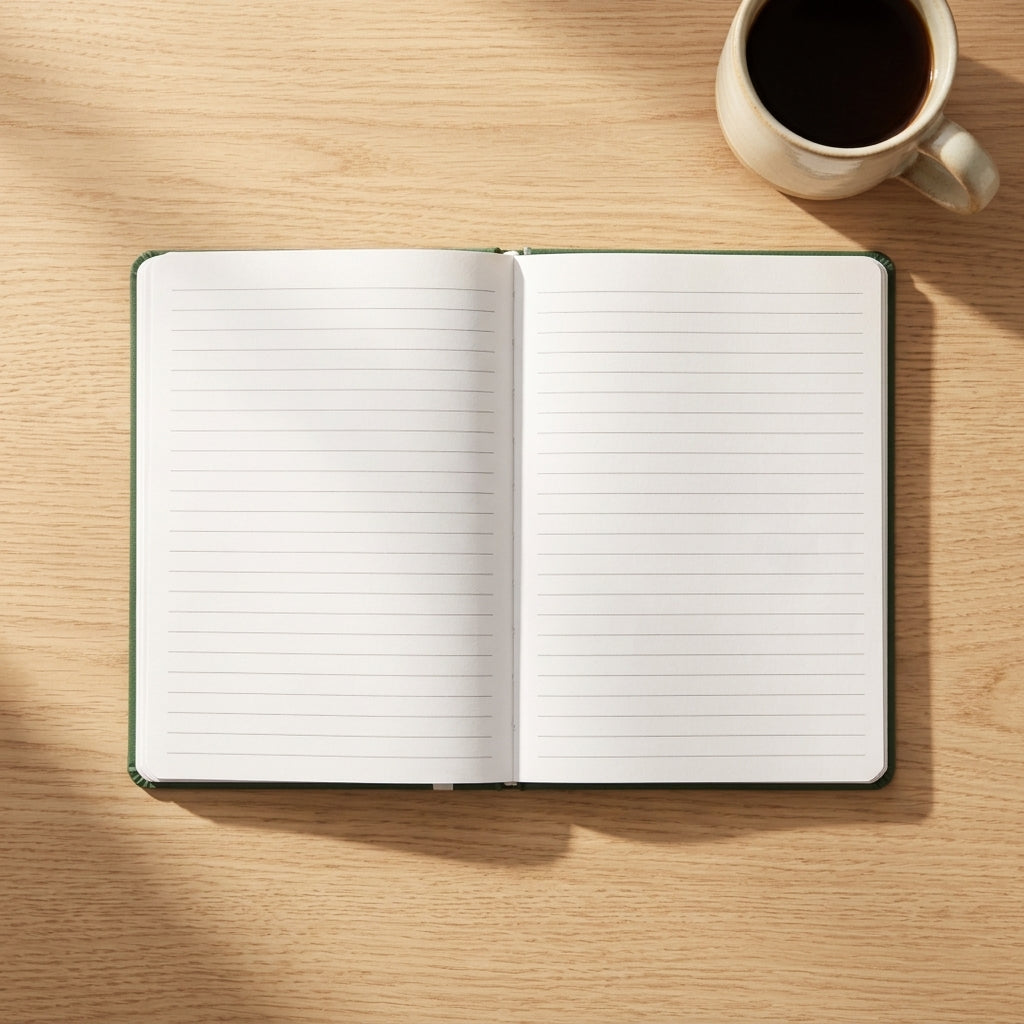 Personalised hardcover lined notebook in blue with custom metallic hot foil monogram lettering, displayed on a wooden desk with coffee.