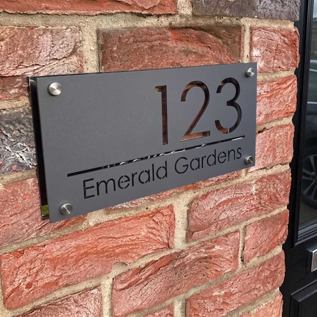 Personalised matt black acrylic door sign with white laser cut house number and street name mounted with silver metal stand offs.