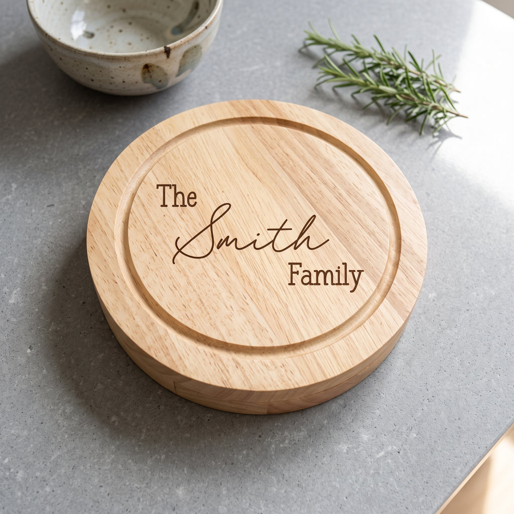 Personalised engraved round cheese board presented with cheese and fruit for a family gathering in Australia.