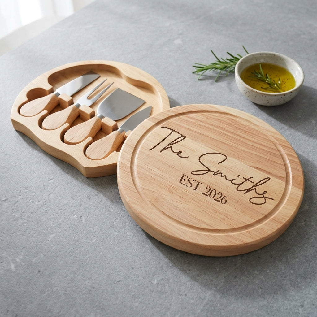 Personalised engraved round cheese board presented with cheese and fruit for a family gathering in Australia.