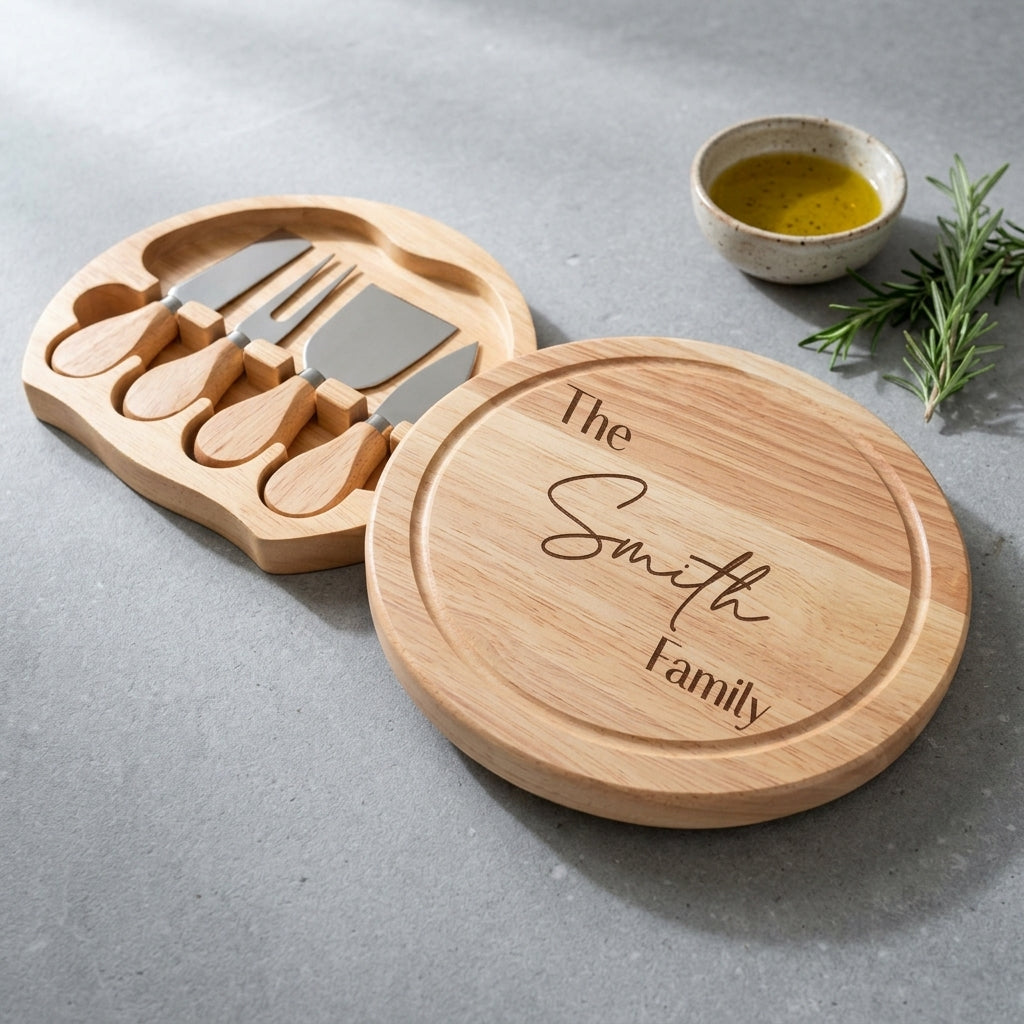 Custom engraved round cheese board styled with cheeses and fruit for a family gathering.