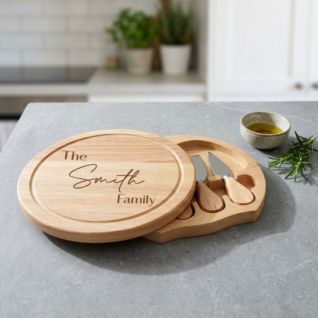 Personalised round swivel cheese board engraved in Modern Elegance font with custom text on timber surface.
