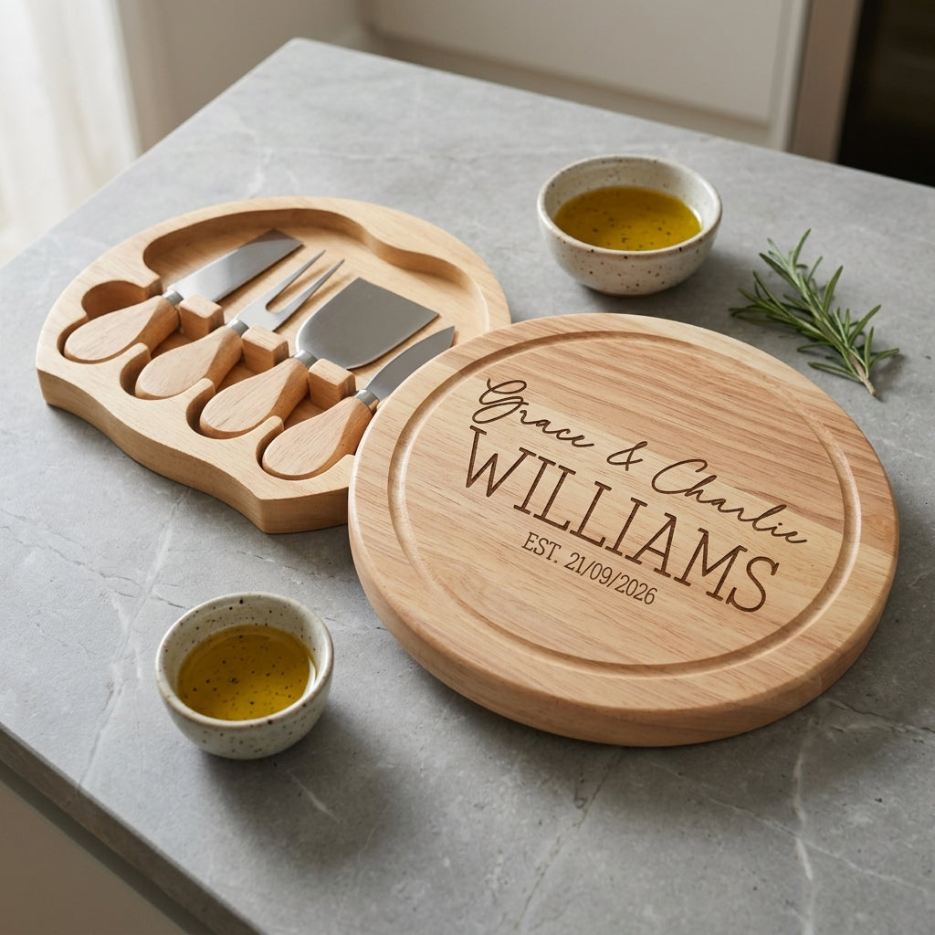 Personalised round swivel cheese board engraved in Timeless Classic font layout on natural timber surface.