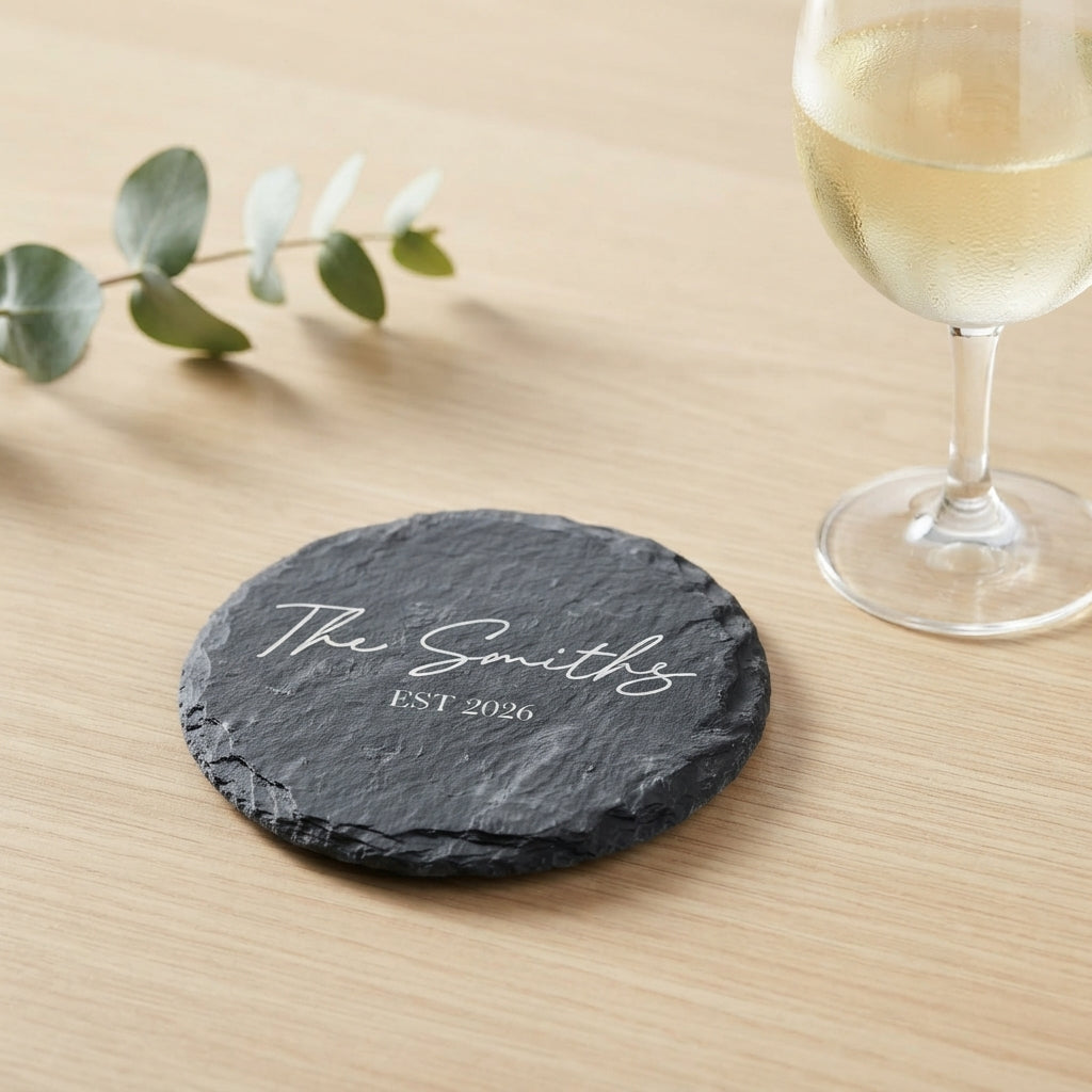 Personalised round slate coaster engraved in Bespoke Heirloom script layout on natural dark stone surface.