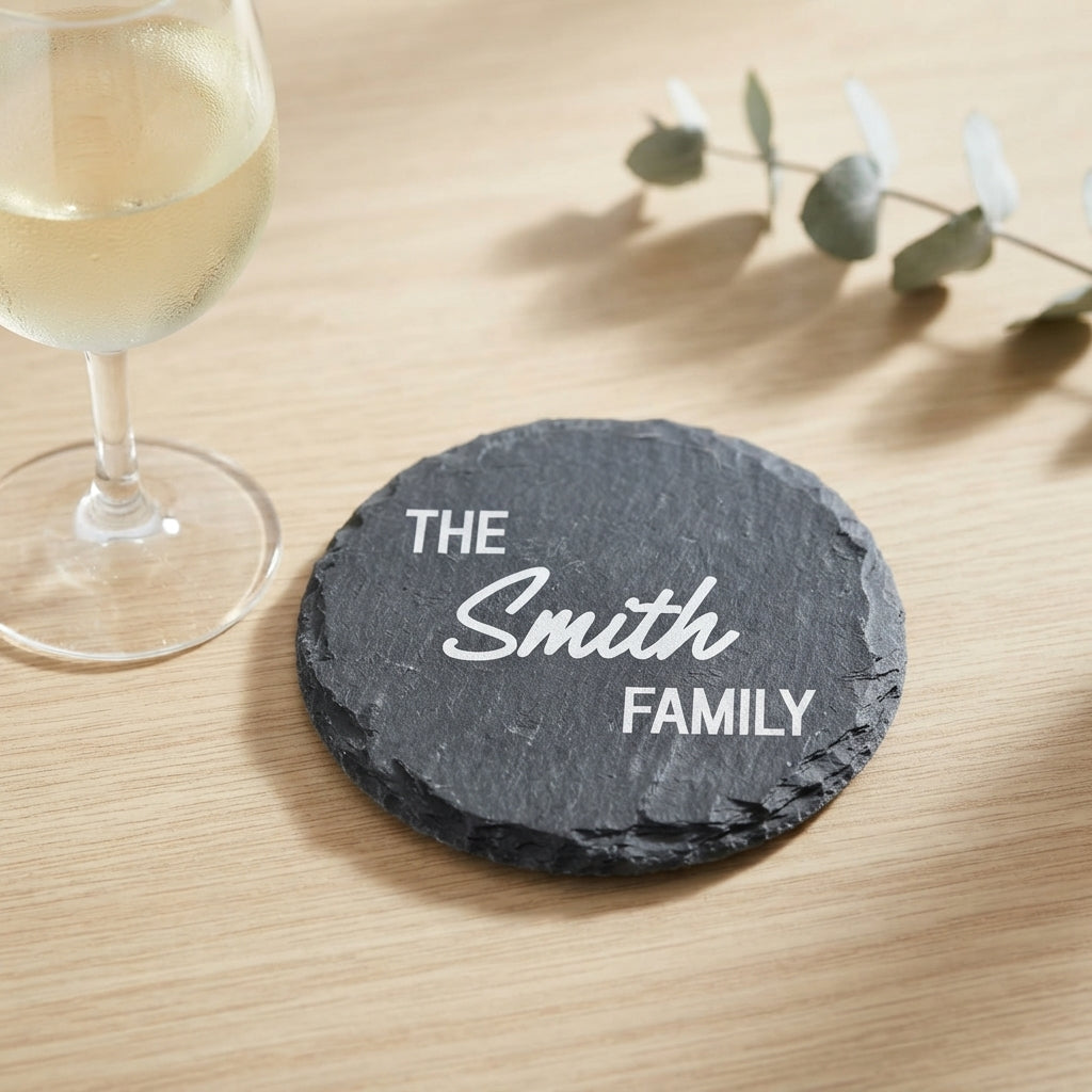 Personalised round slate coaster laser engraved in Bold Contemporary font layout on natural dark stone surface.