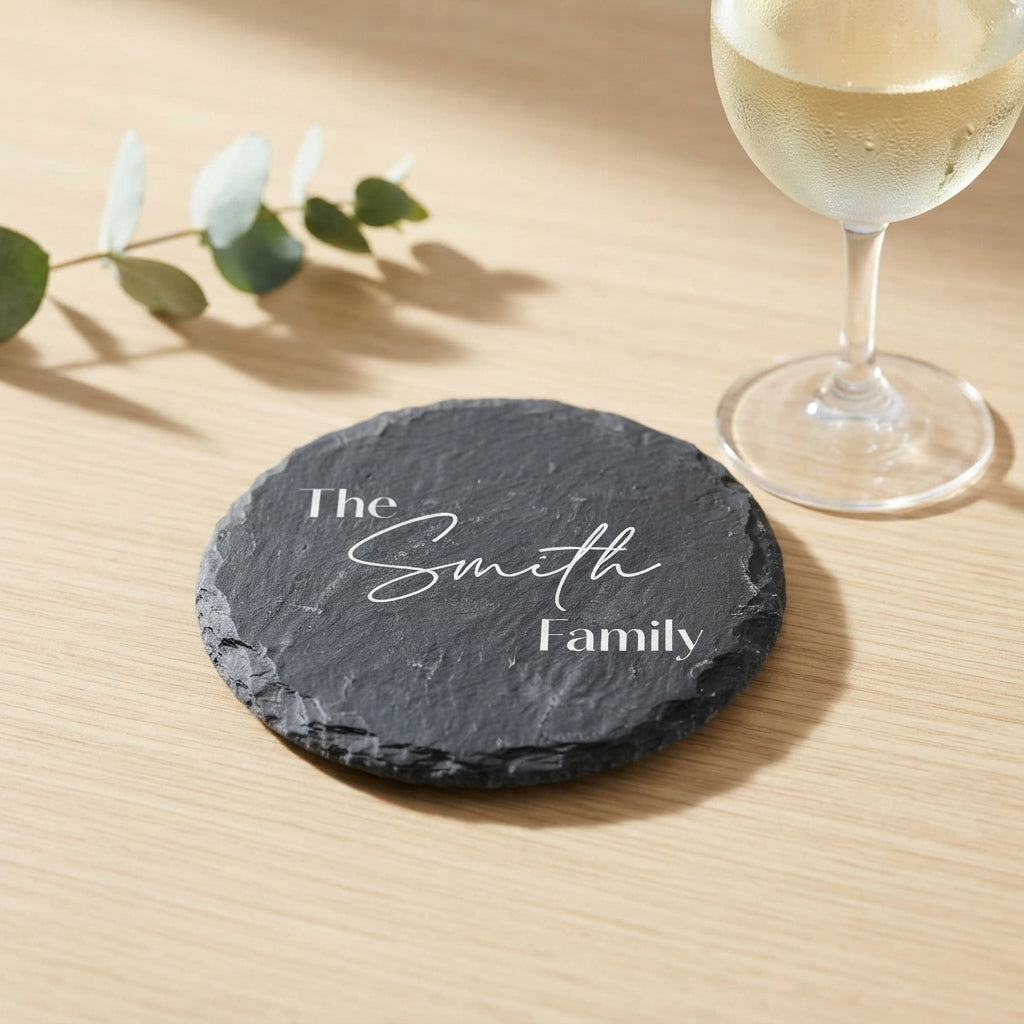 Personalised round slate coaster laser engraved in Modern Elegance font layout on natural dark stone surface.