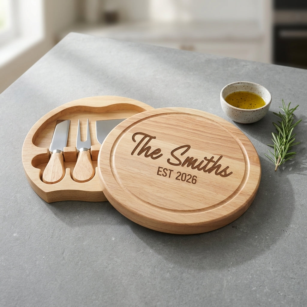 Personalised round swivel cheese board laser engraved in Bold Contemporary font layout on natural rubberwood timber.