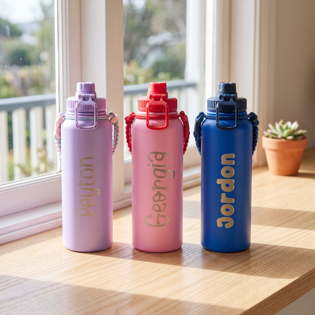 Three personalised 1.1L stainless steel drink bottles in lilac, pink, and royal blue with laser engraved names and woven paracord straps resting on a sunny timber windowsill.