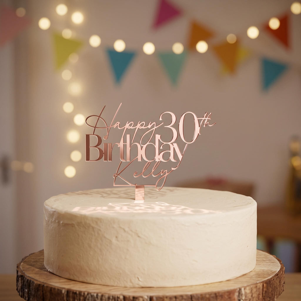 A personalised birthday cake topper with age modern elegance edition featuring custom laser cut name and age in rose gold mirror acrylic, handcrafted by Make It Personal Gift Co in Australia.