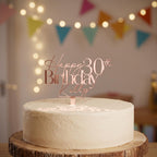 A personalised birthday cake topper with age modern elegance edition featuring custom laser cut name and age in rose gold mirror acrylic, handcrafted by Make It Personal Gift Co in Australia.