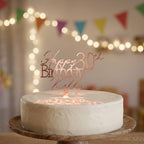 A personalised birthday cake topper with age timeless classic edition featuring custom laser cut name and age in rose gold mirror acrylic, handcrafted by Make It Personal Gift Co in Australia.