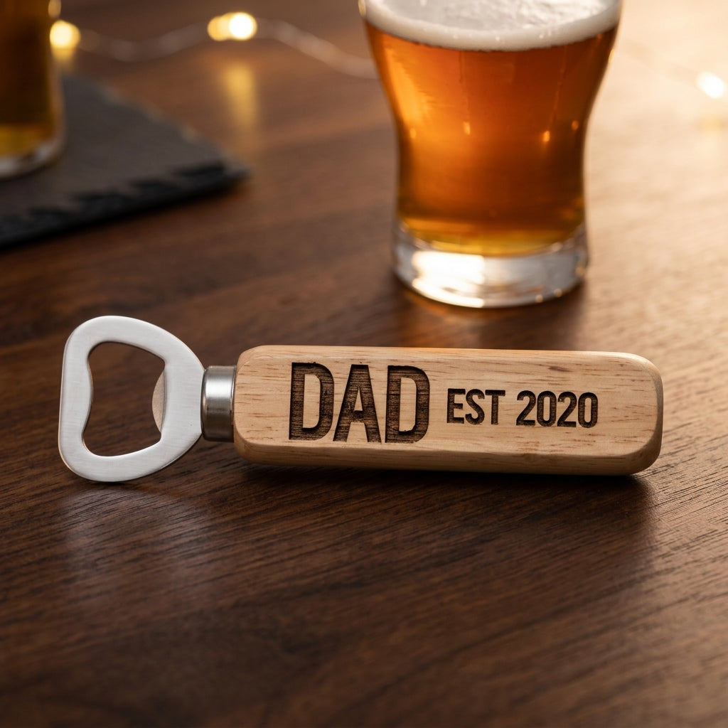 A solid timber handle bottle opener laser engraved with a custom name and message, handcrafted by Make It Personal Gift Co in Australia.