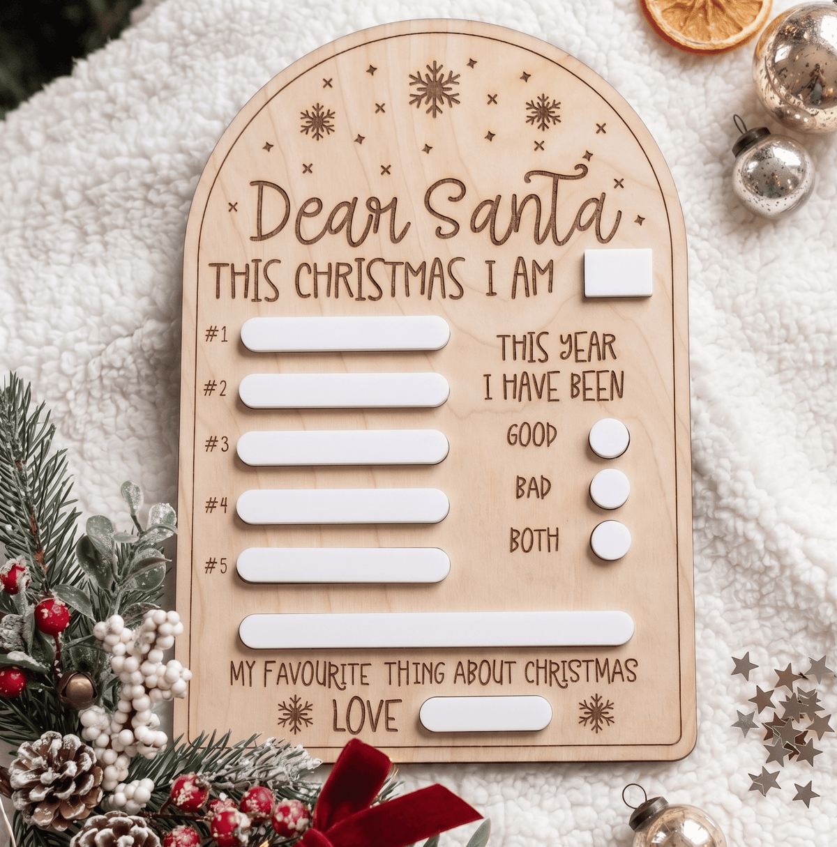 Personalised Dear Santa wishlist board made from natural plywood and smooth white acrylic for kids Christmas letters