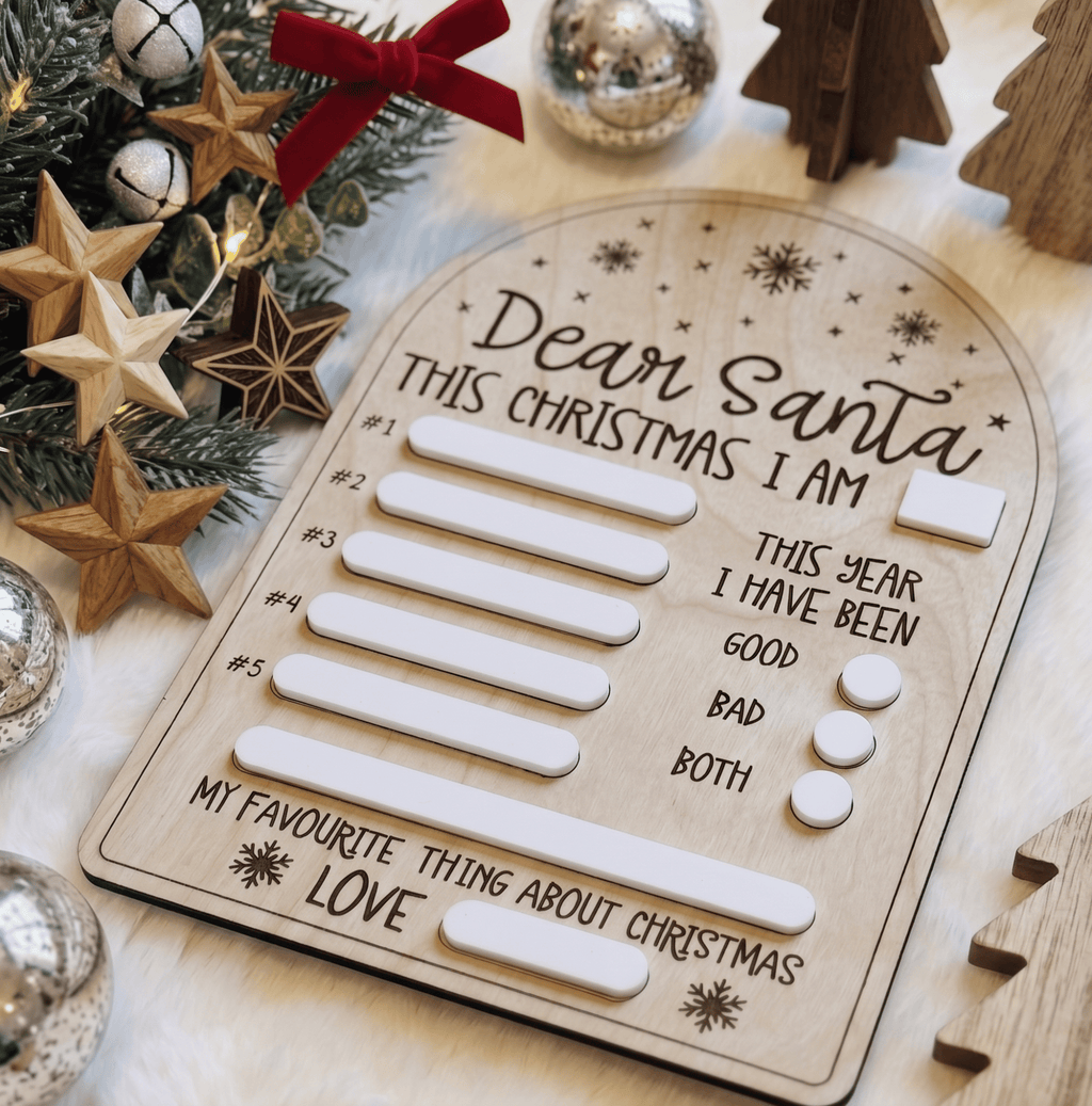 Personalised Dear Santa wishlist board made from natural plywood and smooth white acrylic for kids Christmas letters