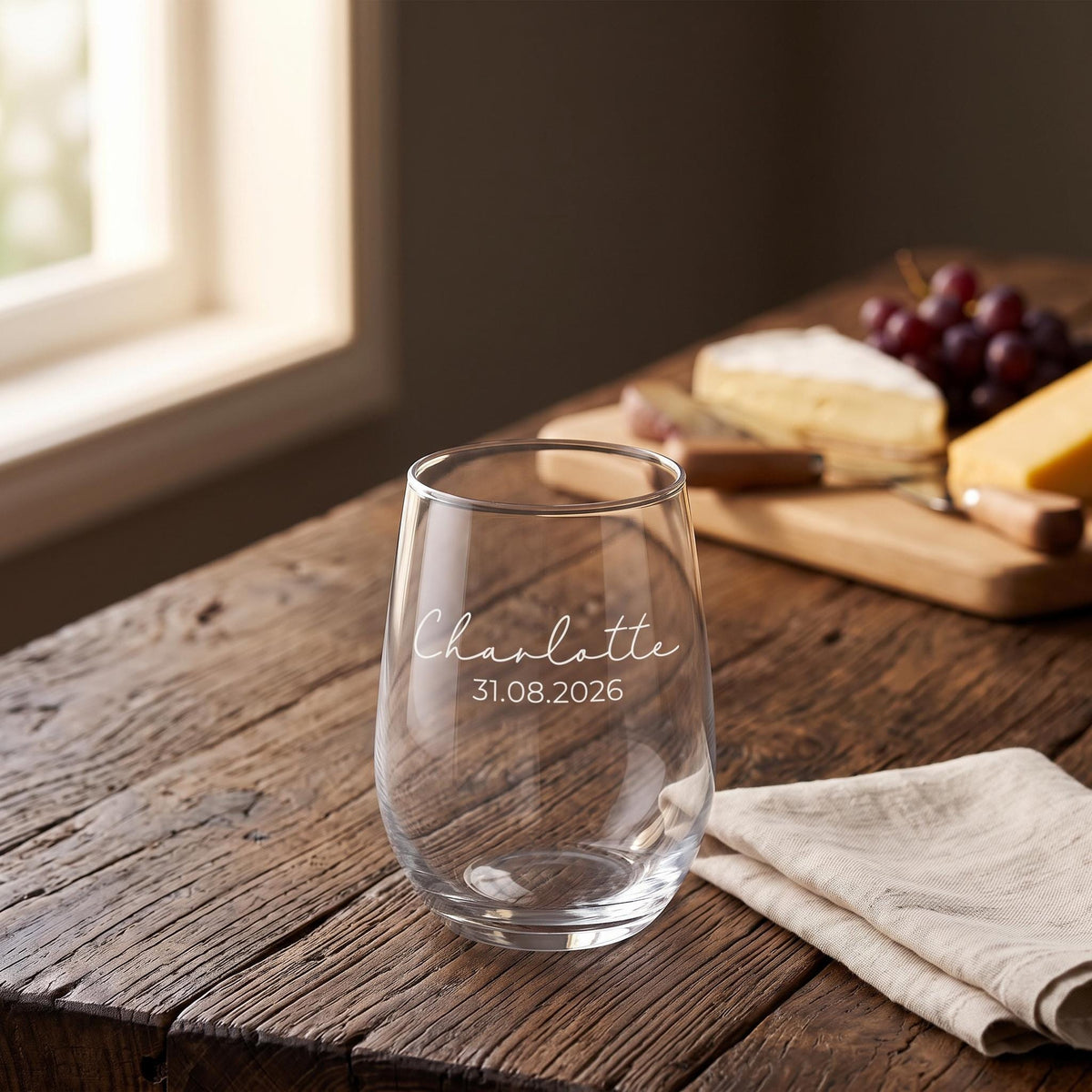 Close up view of a custom etched wine glass resting on a natural timber surface beside a cheese board.