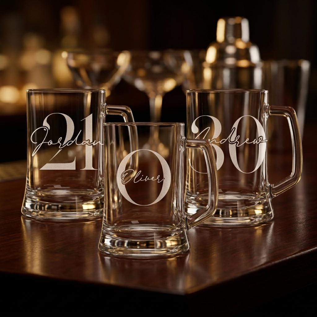 Personalised glass beer mug with custom name and milestone number engraving, custom beer stein for birthday gifts and celebrations