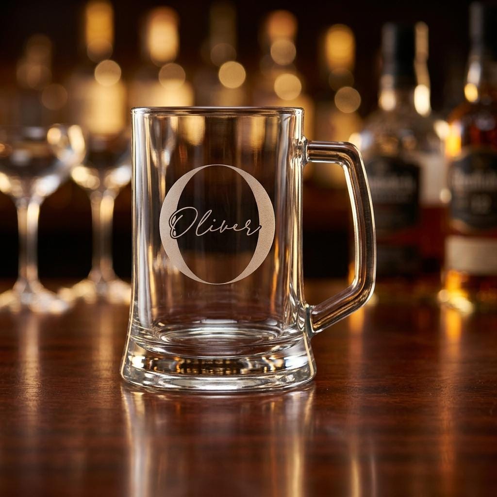 Personalised glass beer mug with custom name and milestone number engraving, custom beer stein for birthday gifts and celebrations