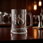 Personalised glass beer mug with custom name and milestone number engraving, custom beer stein for birthday gifts and celebrations