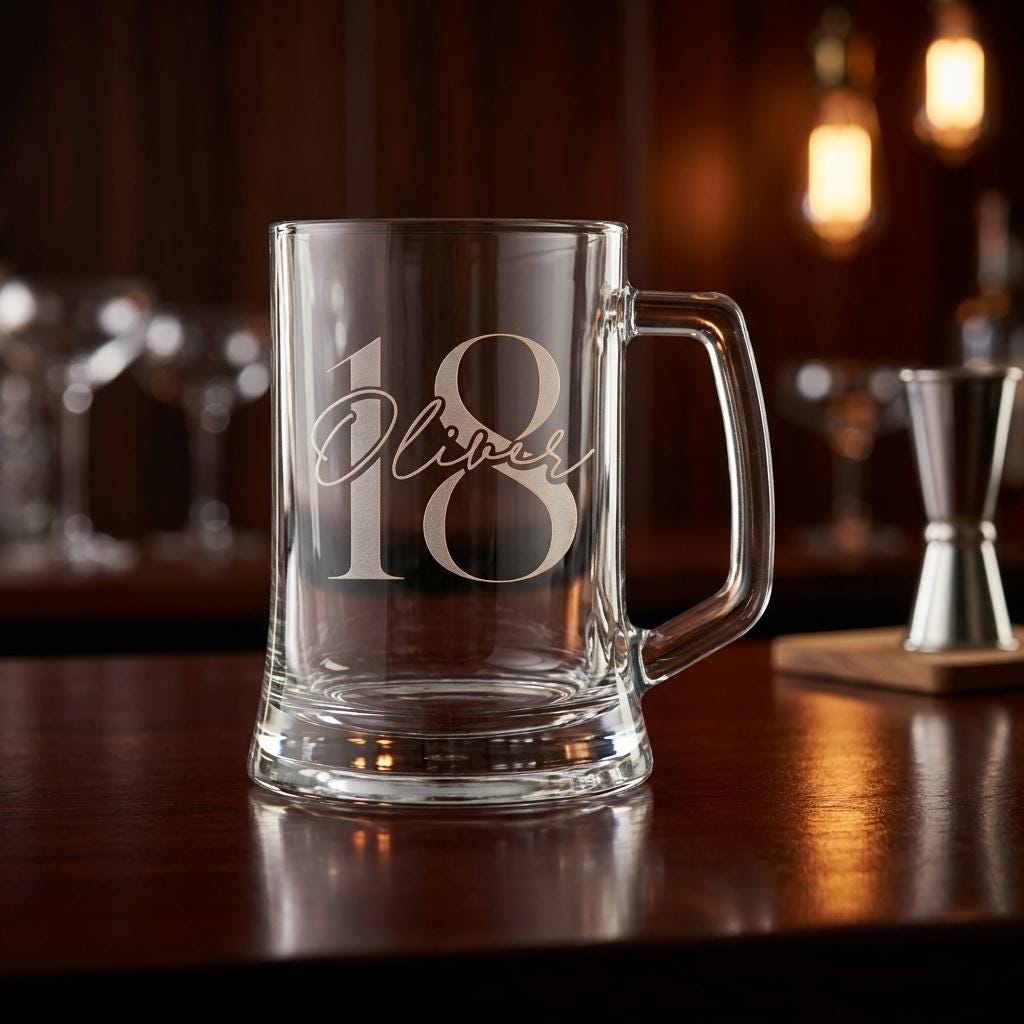 Personalised glass beer mug with custom name and milestone number engraving, custom beer stein for birthday gifts and celebrations