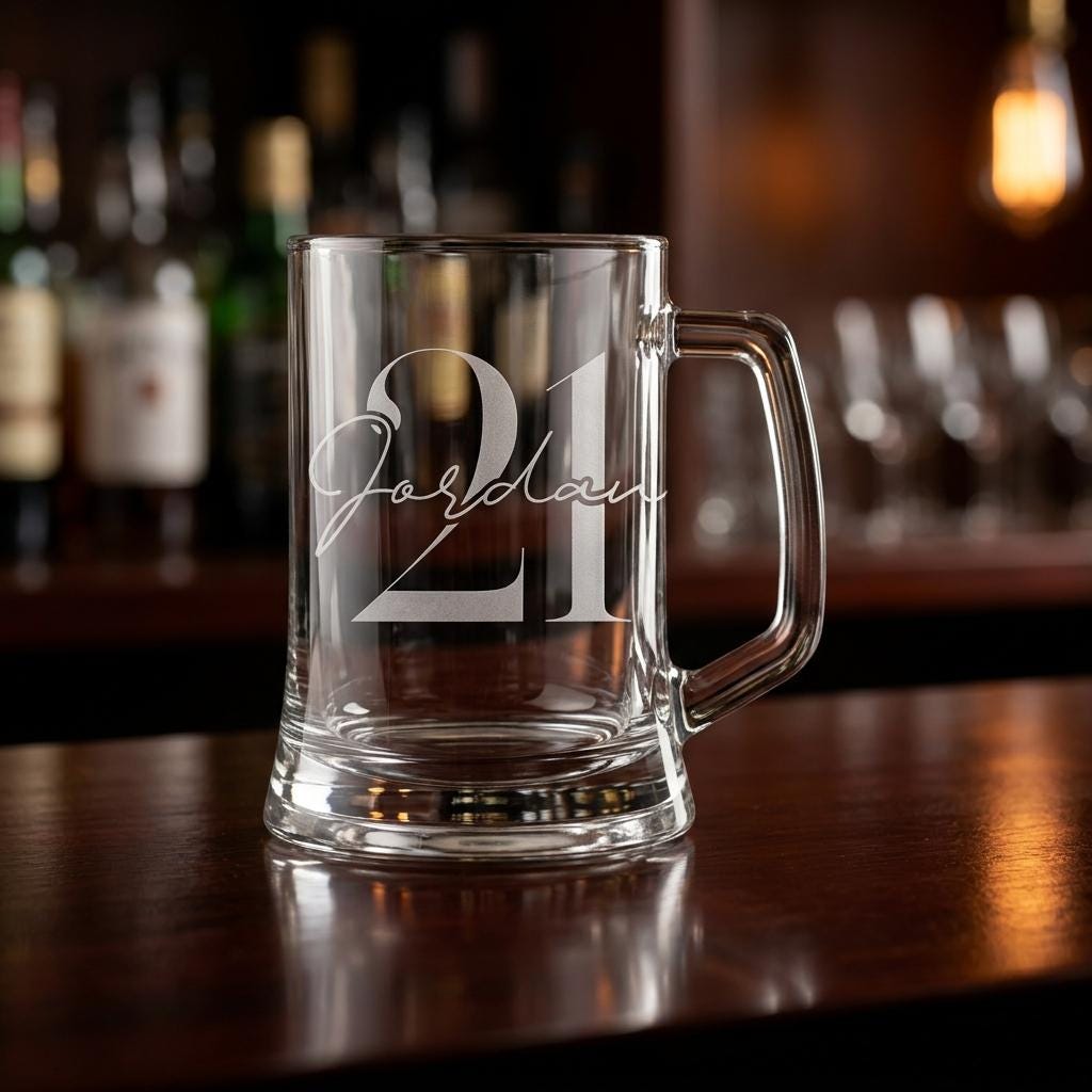 Personalised glass beer mug with custom name and milestone number engraving, custom beer stein for birthday gifts and celebrations