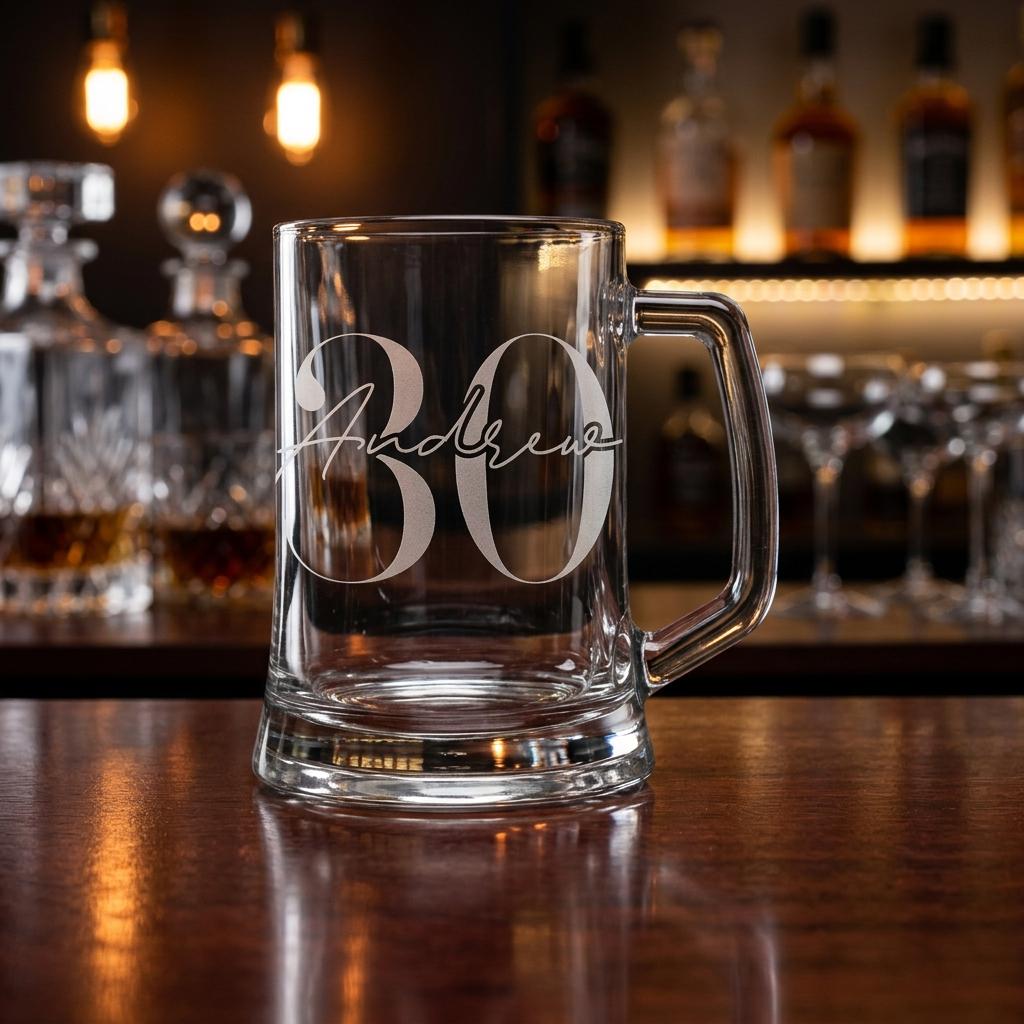 Personalised glass beer mug with custom name and milestone number engraving, custom beer stein for birthday gifts and celebrations