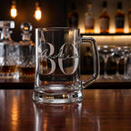 Personalised glass beer mug with custom name and milestone number engraving, custom beer stein for birthday gifts and celebrations