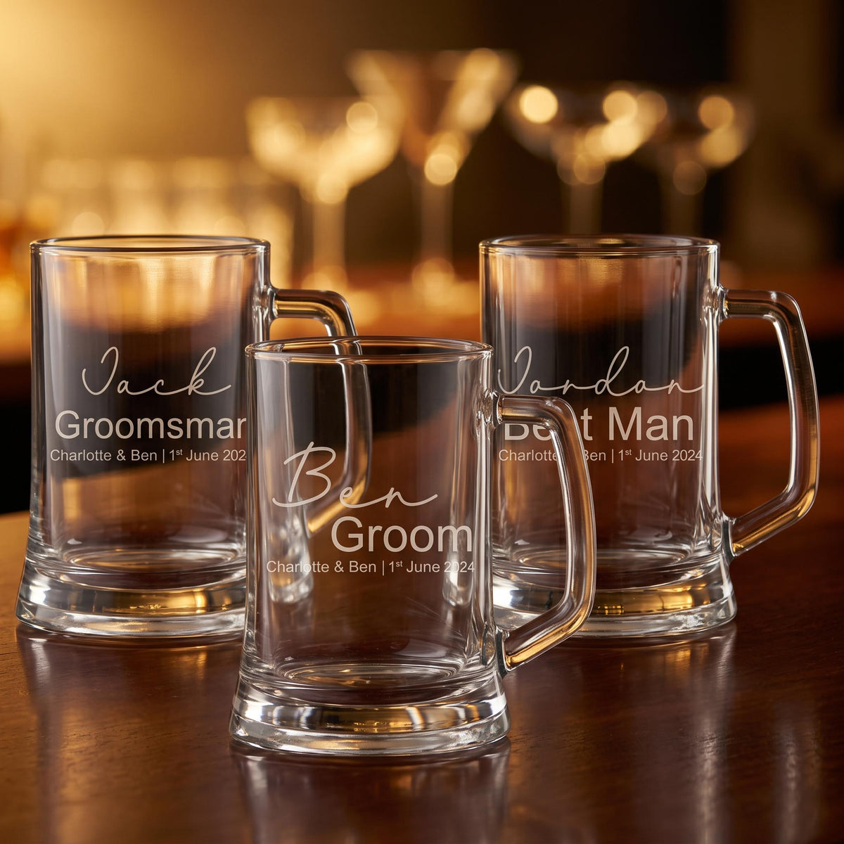 Personalised glass beer mug for groomsman and best man gifts, custom engraved beer stein for wedding party celebrations
