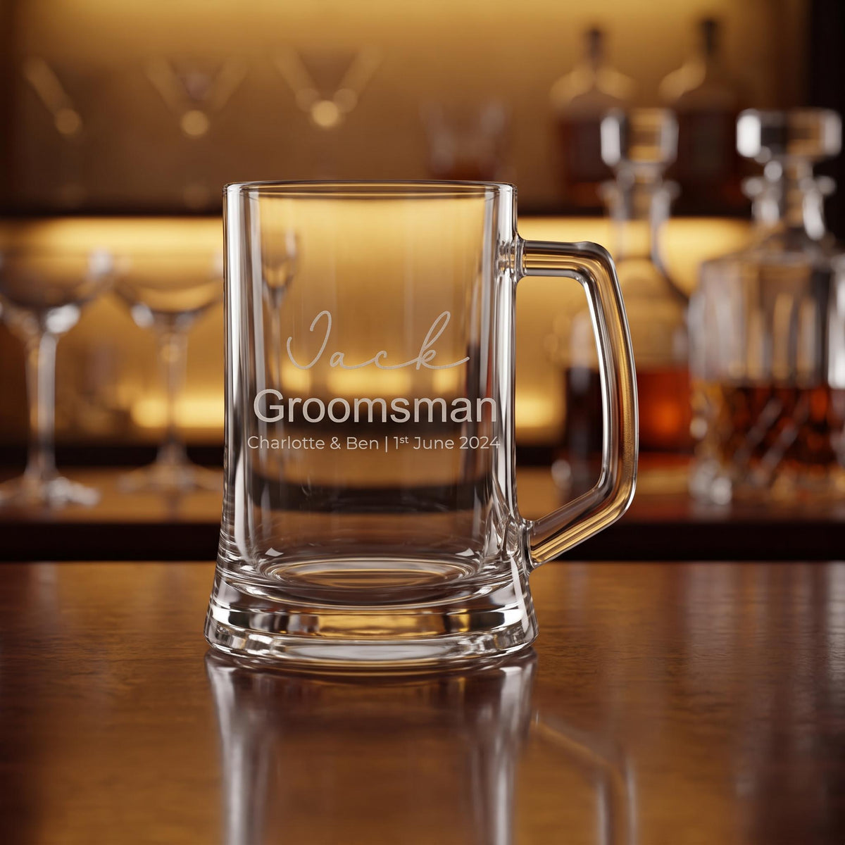 Personalised glass beer mug for groomsman and best man gifts, custom engraved beer stein for wedding party celebrations