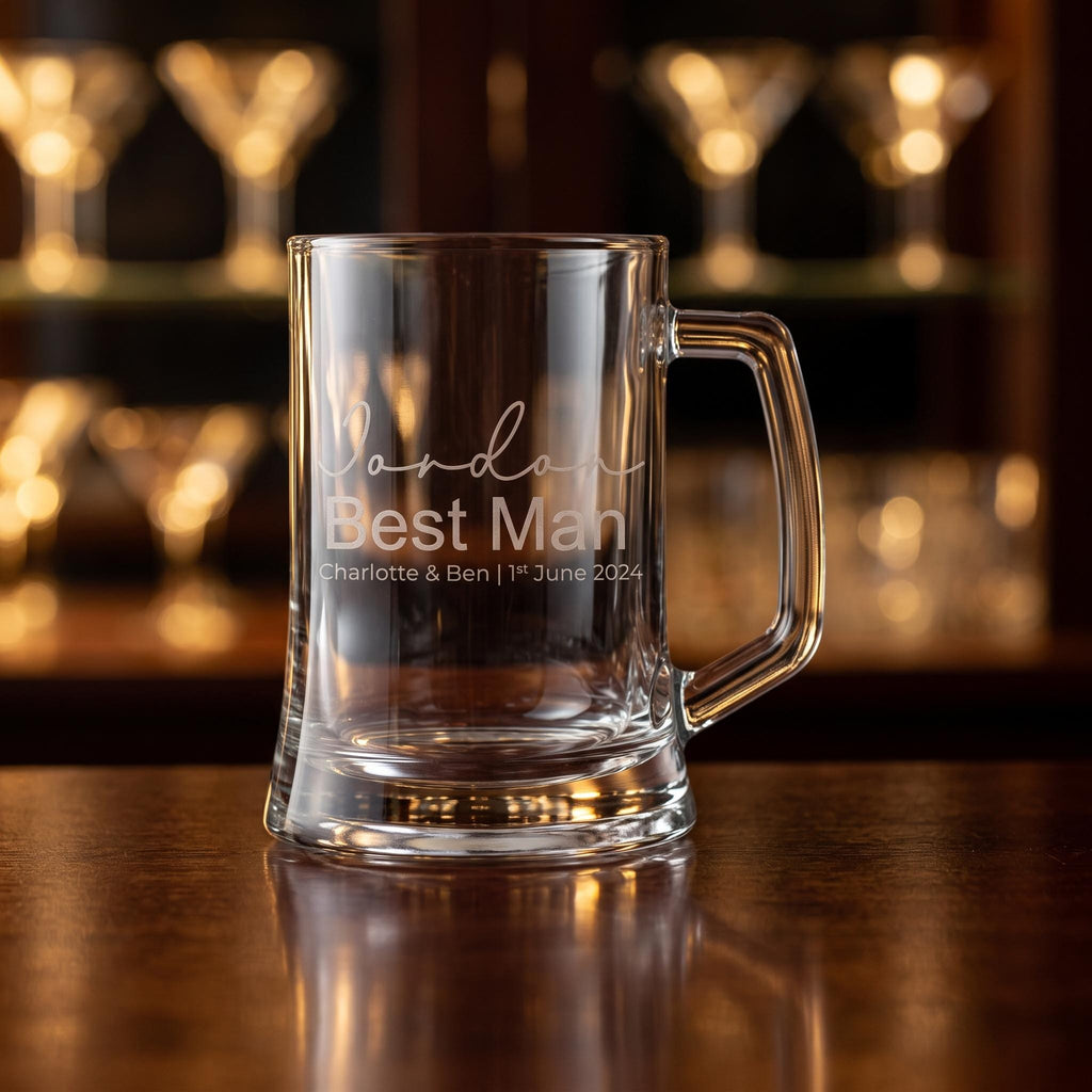 Personalised glass beer mug for groomsman and best man gifts, custom engraved beer stein for wedding party celebrations