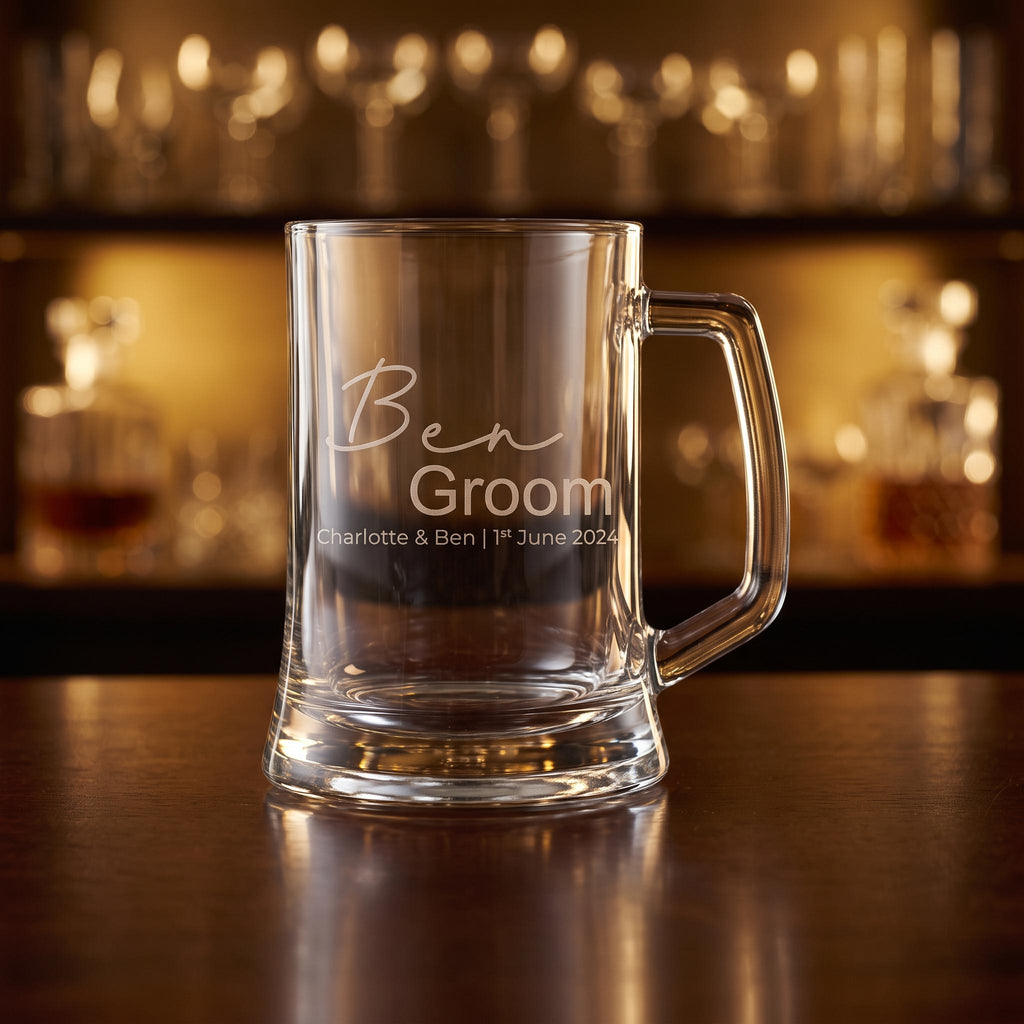 Personalised glass beer mug for groomsman and best man gifts, custom engraved beer stein for wedding party celebrations