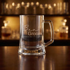 Personalised glass beer mug for groomsman and best man gifts, custom engraved beer stein for wedding party celebrations