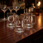 Personalised glass beer mug featuring a classic round monogram engraving, custom beer stein for birthday gifts and celebrations