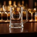 Personalised glass beer mug featuring a classic round monogram engraving, custom beer stein for birthday gifts and celebrations