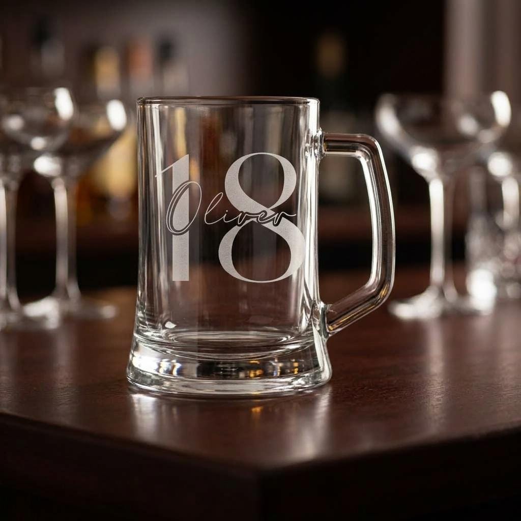 Personalised glass beer mug featuring a classic round monogram engraving, custom beer stein for birthday gifts and celebrations