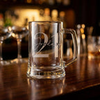 Personalised glass beer mug featuring a classic round monogram engraving, custom beer stein for birthday gifts and celebrations