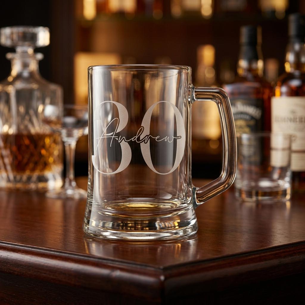 Personalised glass beer mug featuring a classic round monogram engraving, custom beer stein for birthday gifts and celebrations