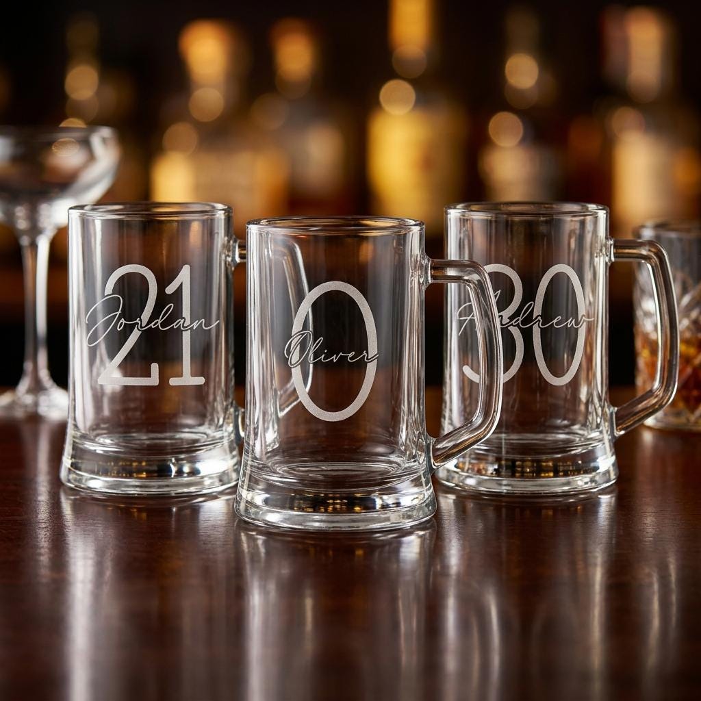 Personalised glass beer mug featuring a modern circular monogram font and milestone number, custom beer stein for birthday gifts