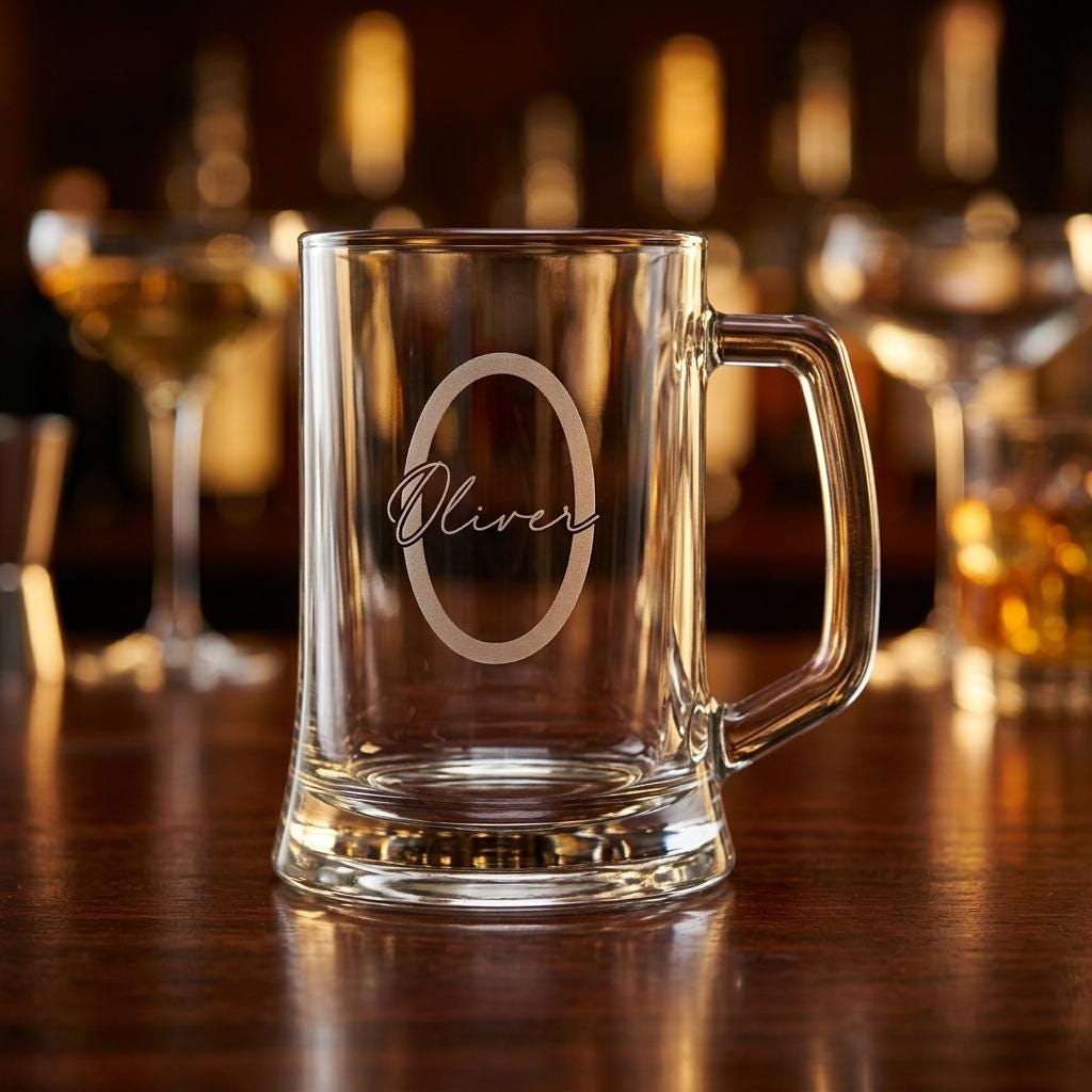 Personalised glass beer mug featuring a modern circular monogram font and milestone number, custom beer stein for birthday gifts