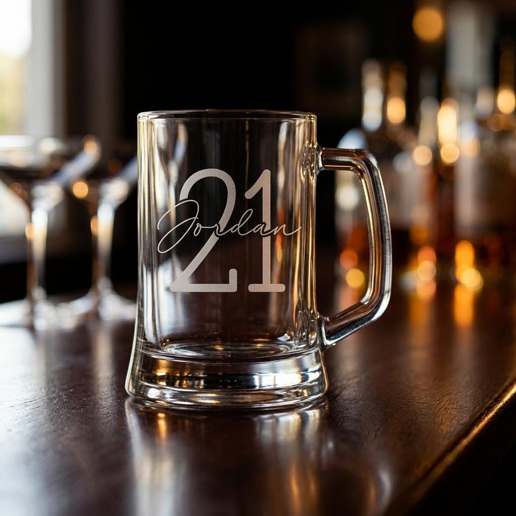 Personalised glass beer mug featuring a modern circular monogram font and milestone number, custom beer stein for birthday gifts