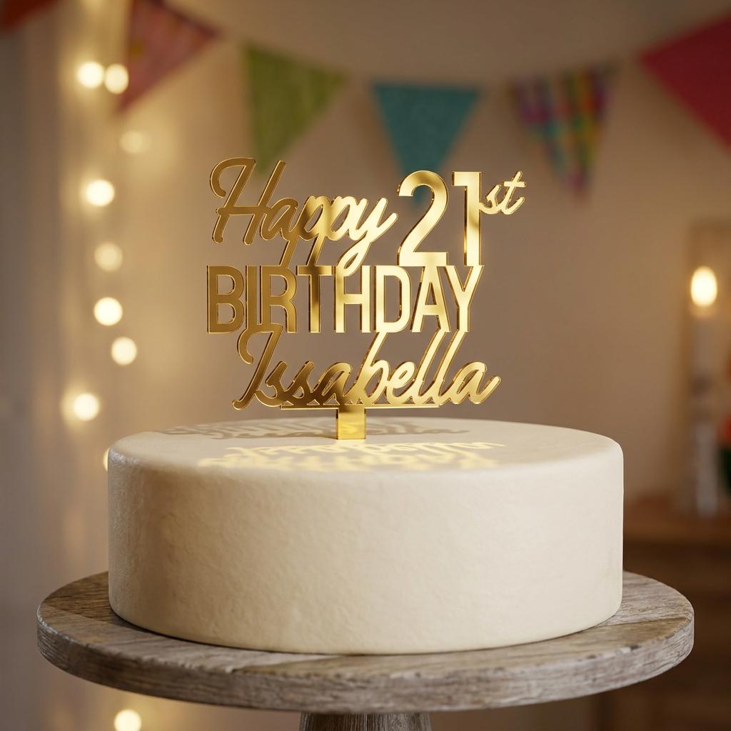 Custom gold mirror acrylic cake topper displaying Happy 21st Birthday Isabella on a celebration cake.