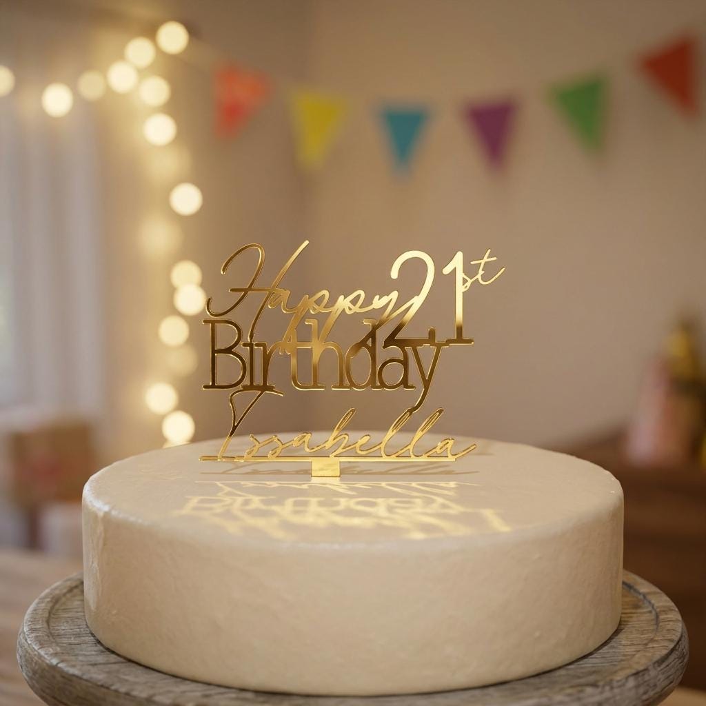 Custom gold mirror acrylic cake topper displaying Happy 21st Birthday Isabella above a celebration cake.