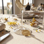A personalised hooped wine glass charm featuring a custom laser cut guest name in gold mirror acrylic clipped onto a gold metal stem hoop, handcrafted by Make It Personal Gift Co in Australia.