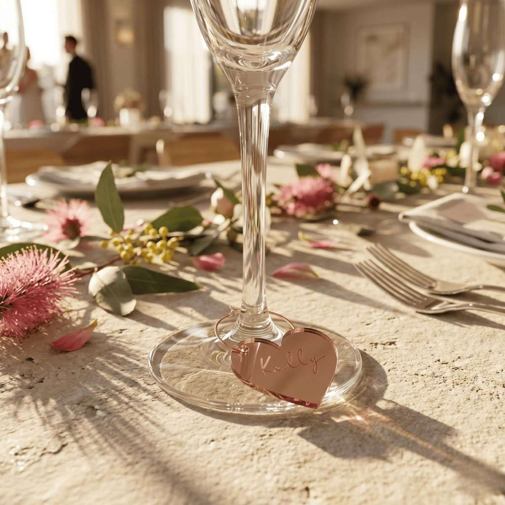 A personalised hooped wine glass charm featuring a custom laser cut guest name in rose gold mirror acrylic clipped onto a gold metal stem hoop, handcrafted by Make It Personal Gift Co in Australia.