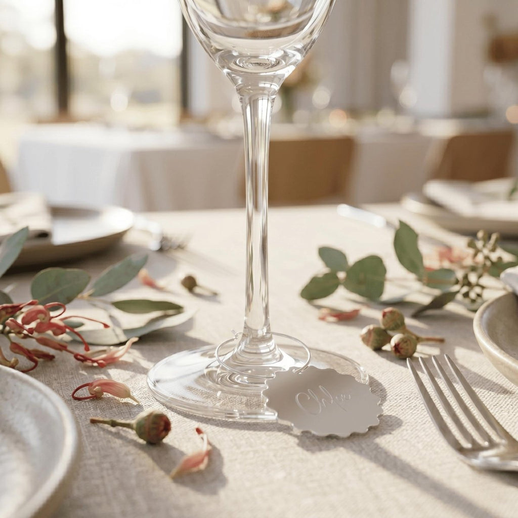 A personalised hooped wine glass charm featuring a custom laser cut guest name in silver mirror acrylic clipped onto a gold metal stem hoop, handcrafted by Make It Personal Gift Co in Australia.